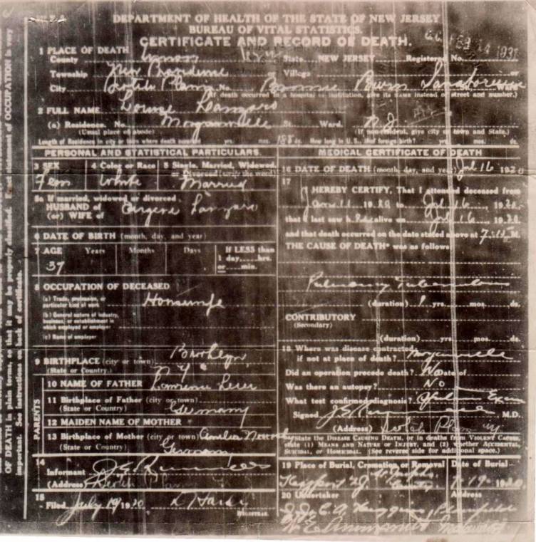 Louisa Leier Lanzaro's Certificate and Record of Death