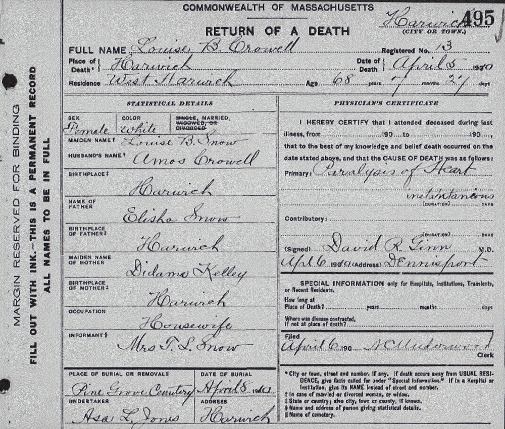 Louise B. Snow Crowell Death