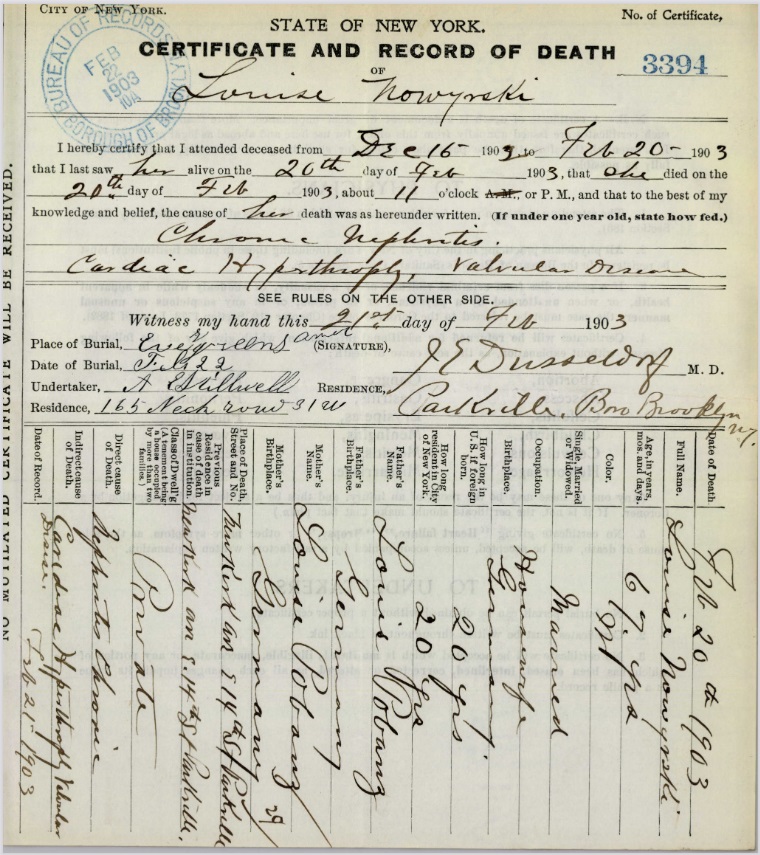 Louise Pubanz Nowasky's Certificate and Record of Death