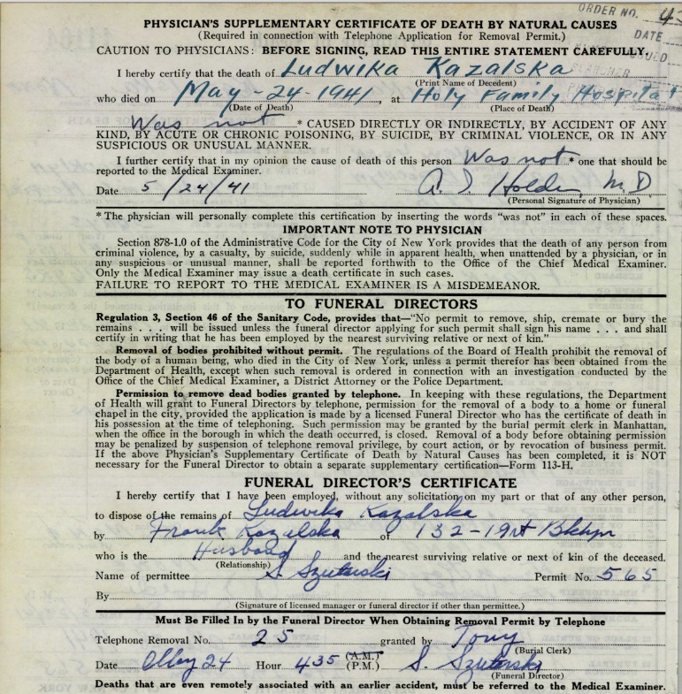 Ludwicka Kazalski Death Certificate