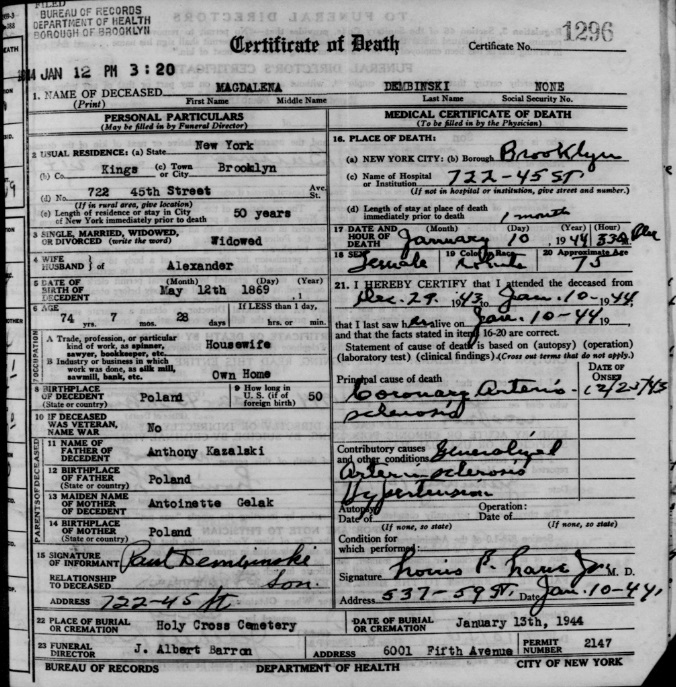 Magdalena Kazalski Dembinski Death Certificate
