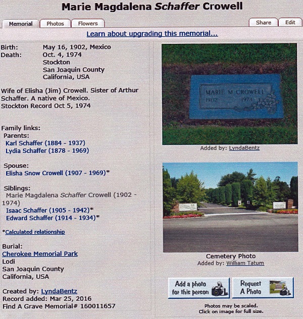 Marie Magdalena Schaffer Crowell Death Index