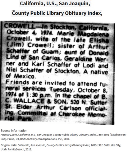 Marie Magdalena Schaffer Crowell Obituary