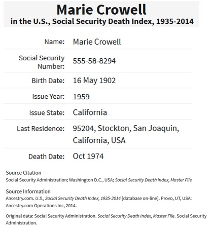 Marie Magdalena Schaffer Crowell SSDI