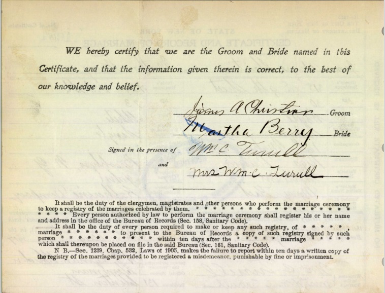 Martha Kazalski and James Christian Marriage Certificate