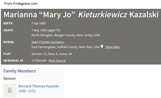 Marianna Kieturkiewicz Kazalski Cemetery Record