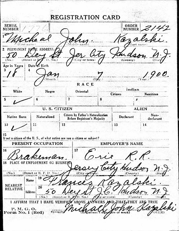 Michael Kazalski's World War I Draft Registration Card