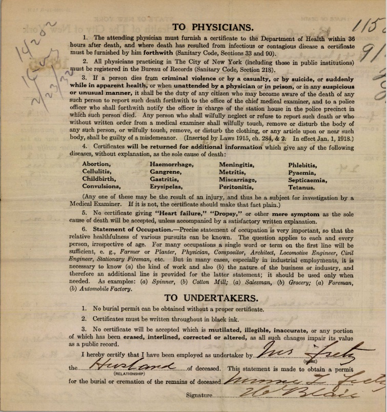 Minnie Leier Fretz's Certificate of Death