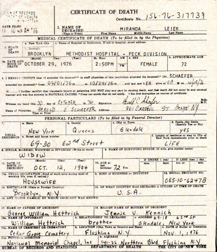 Miranda Kennish Leier's Certificate of Death