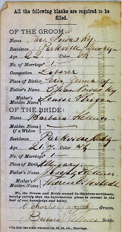 Certificate of Marriage for Charles Nowasky and Barbara Kellner