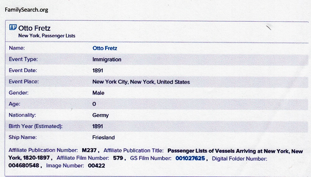 Otto Fretz Immigration Record Index