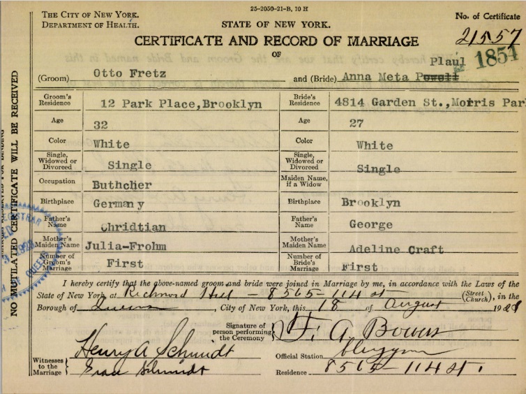 Marriage Certificate for Otto Fretz and Anna Plaul
