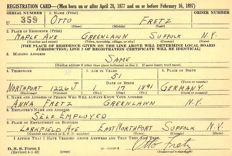 World War II Draft Registration<br>Otto Fretz