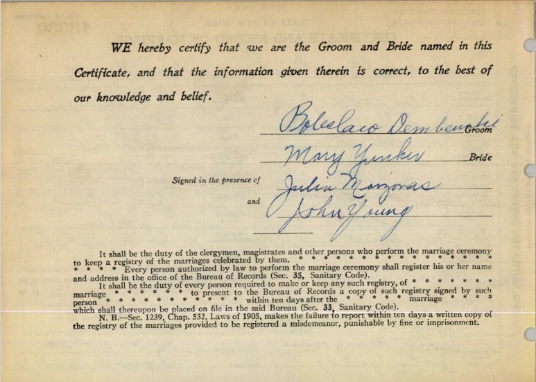 Boleslaw Dembinski and Marie Younker Marriage Certificate