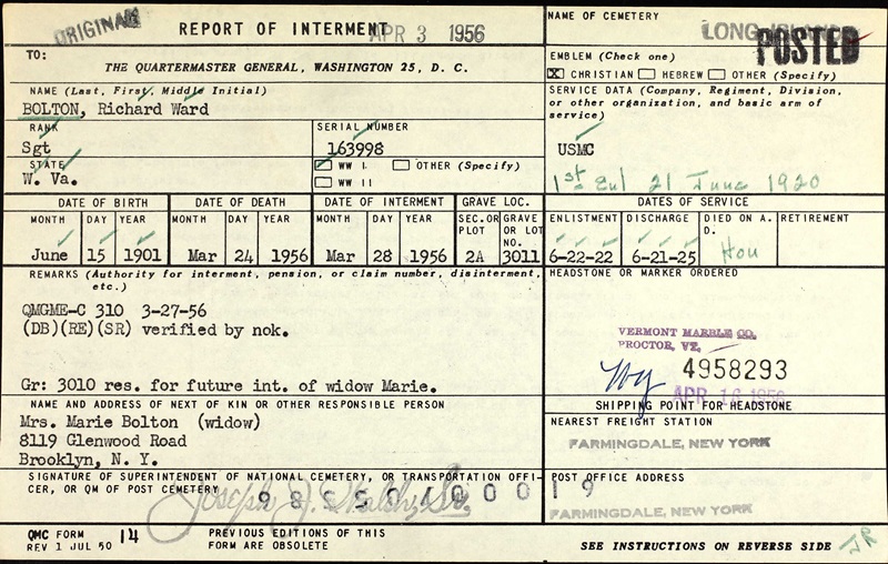 Richard Ward Bolton Military Record