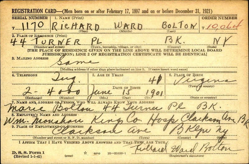 Richard Ward Bolton WW2 Draft Registration