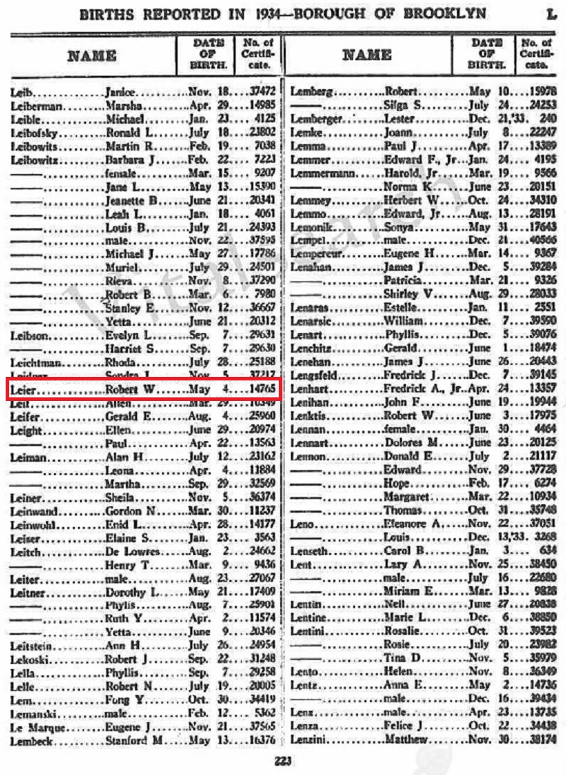 New York Birth Index for Robert W. Leier