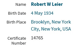 New York Birth Index for Robert W. Leier