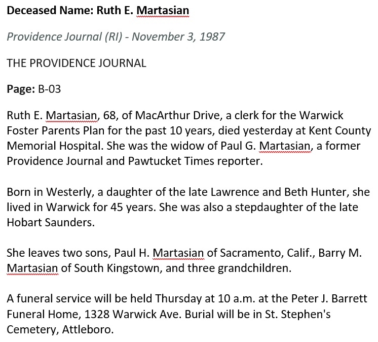 Ruth Evelyn Hunter Martasian Obituary