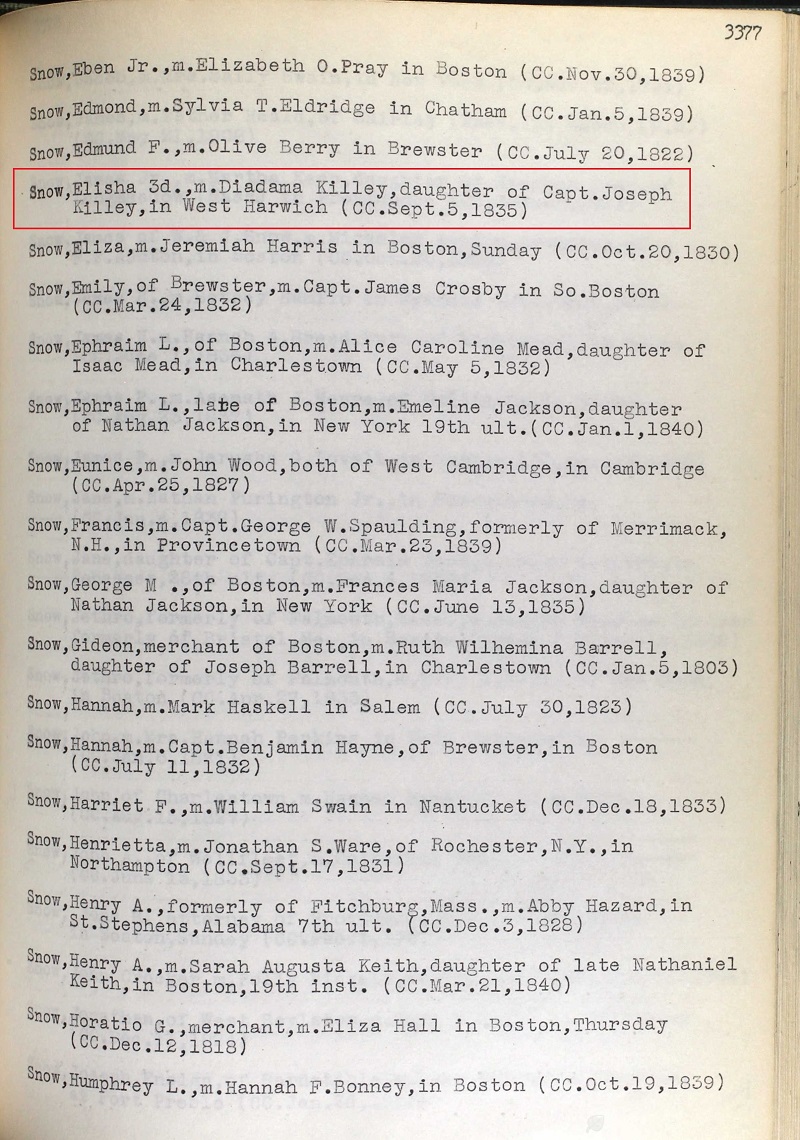 Elisha Snow and Diadama Kelley Marriage