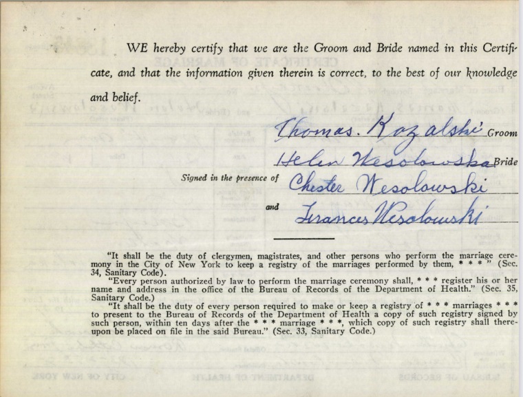 >Thomas Kazalski and Helen Wesolowski Marriage Certificate