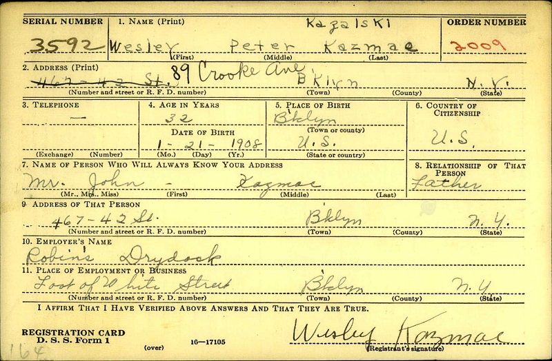 >Wesley Peter Kazalski Kazmac World War II Draft Registration