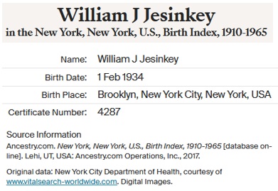 William Jesinkey Birth Index
