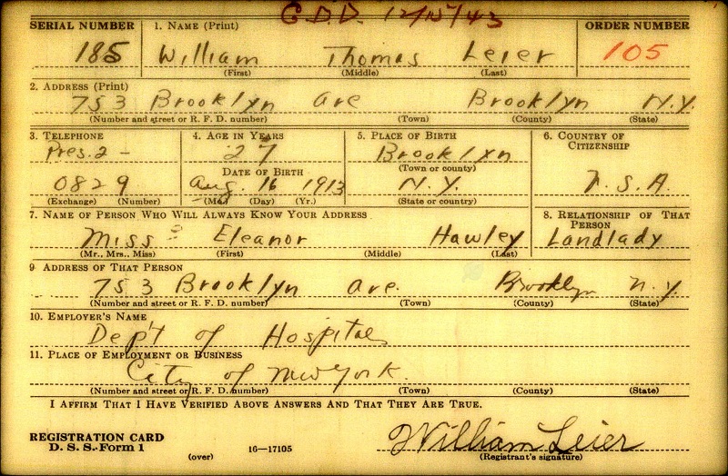 William Thomas Leier's WW2 Draft Registration